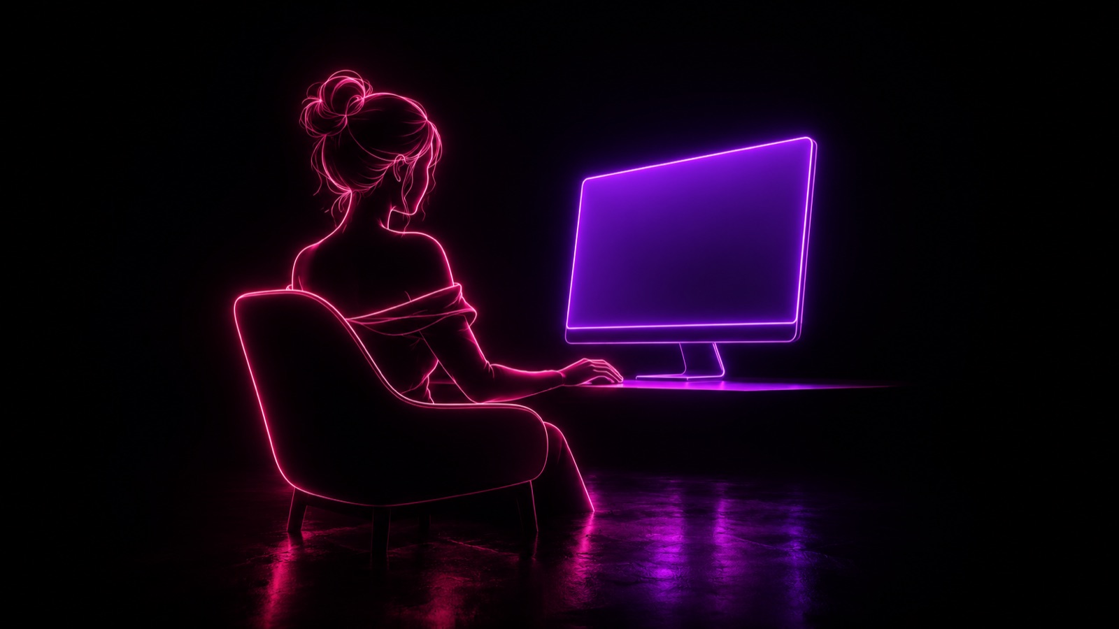 Neon-lit laptop screen glowing in a dark room