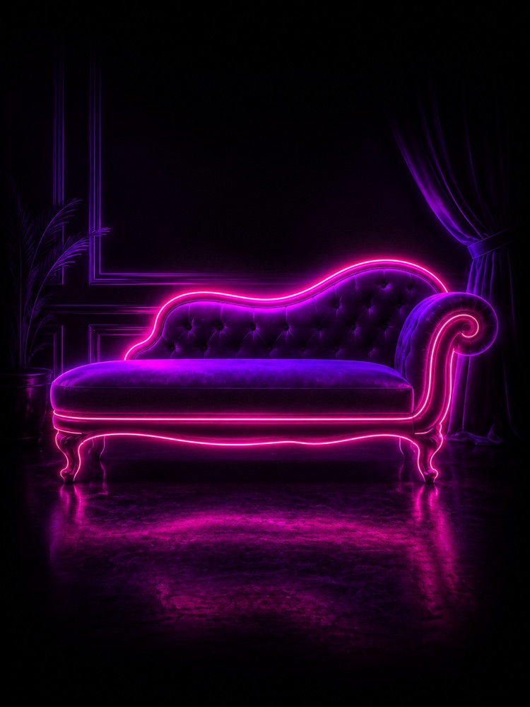 Neon-outlined lounge — GooNite's respectful community space