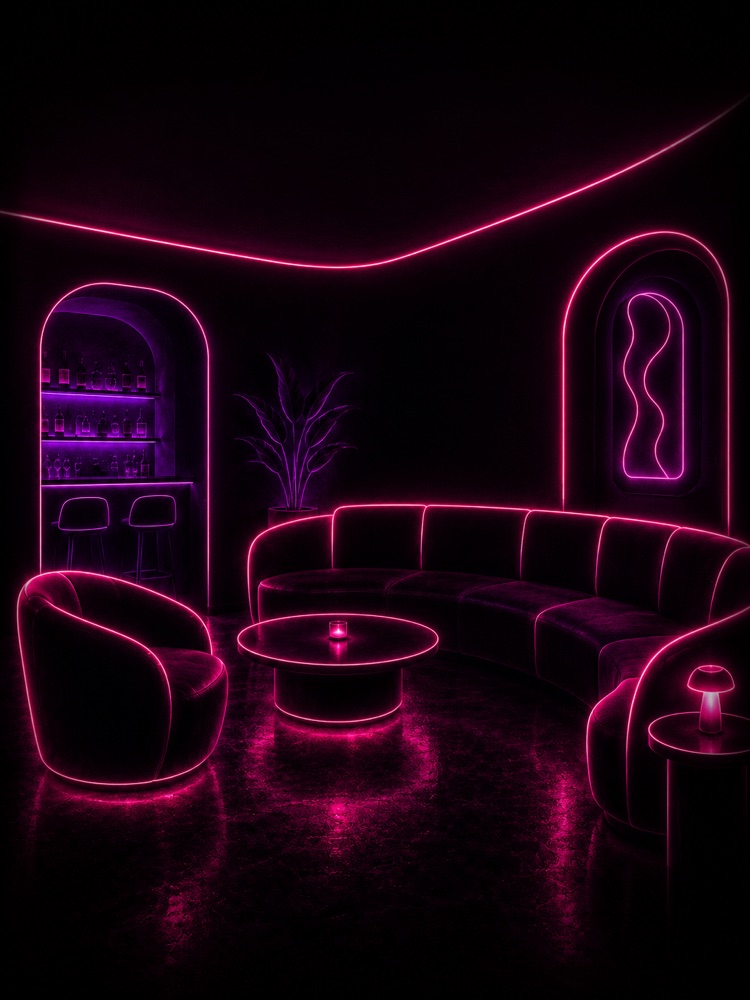 Calm neon-lit lounge — a safe, private space to video chat